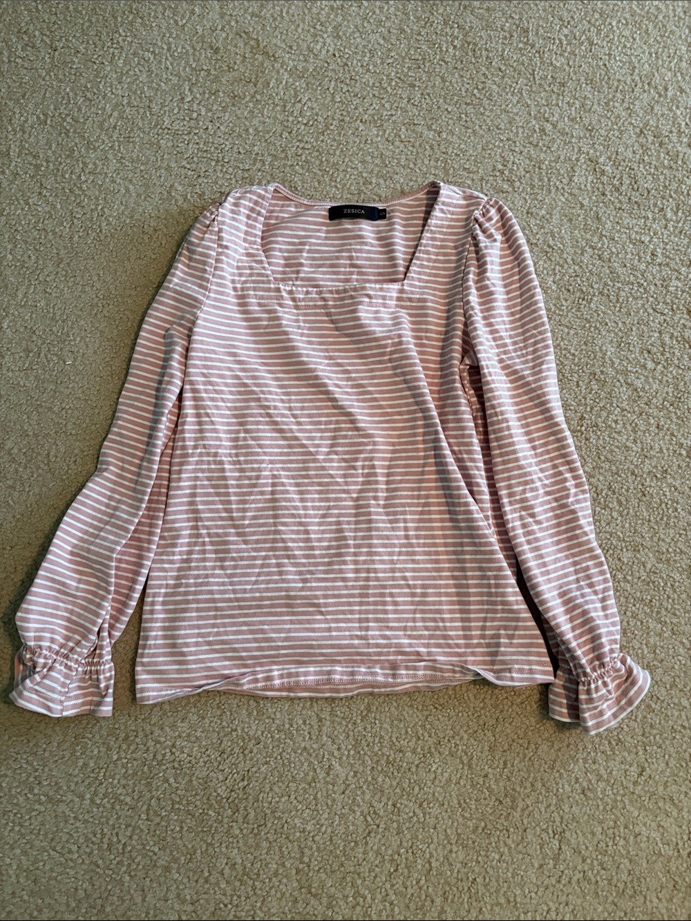 Striped Square-Neck Long Sleeve Top in Pink and White